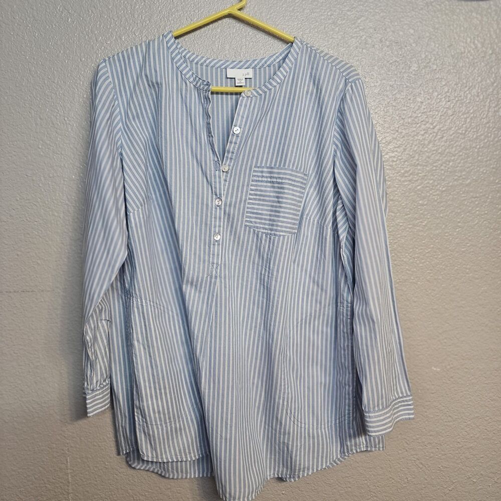 J. Jill Womens 1X Light Blue White Striped Tunic Blouse Cotton Popover Top AA459